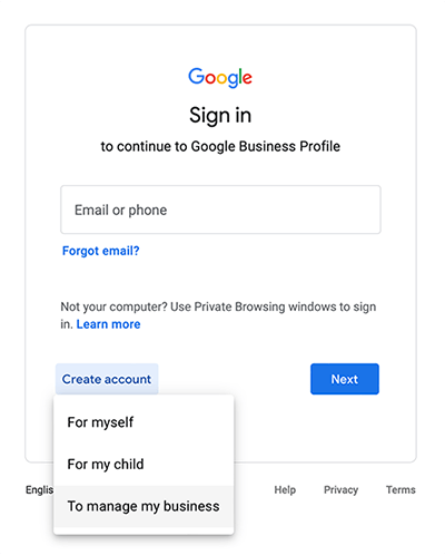 Create Google Account to Manage Business Profile